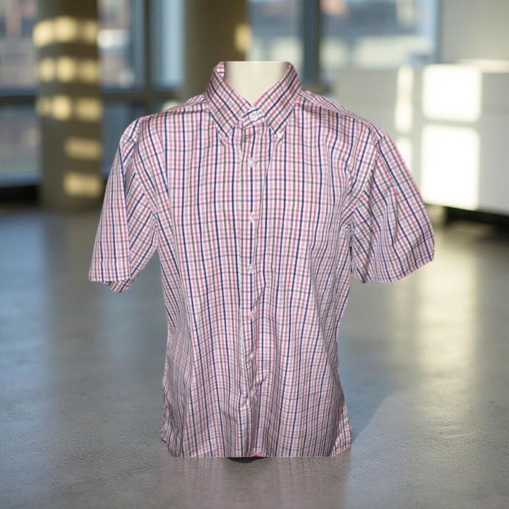 Maus & Hoffman Blue Pink Plaid Button Up Short Sleeve Shirt Size Large #9